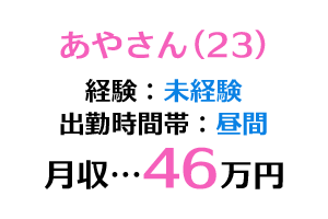 あやさん(23)・未経験・昼出勤・月収46万円